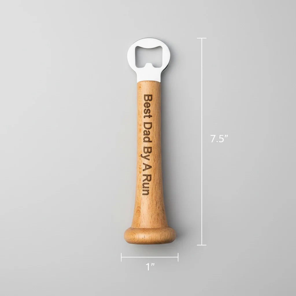 Wooden baseball bat bottle opener with sample engraving "Best Dad By A Run," white metal head, 7.5 inches tall, shown with dimension markers