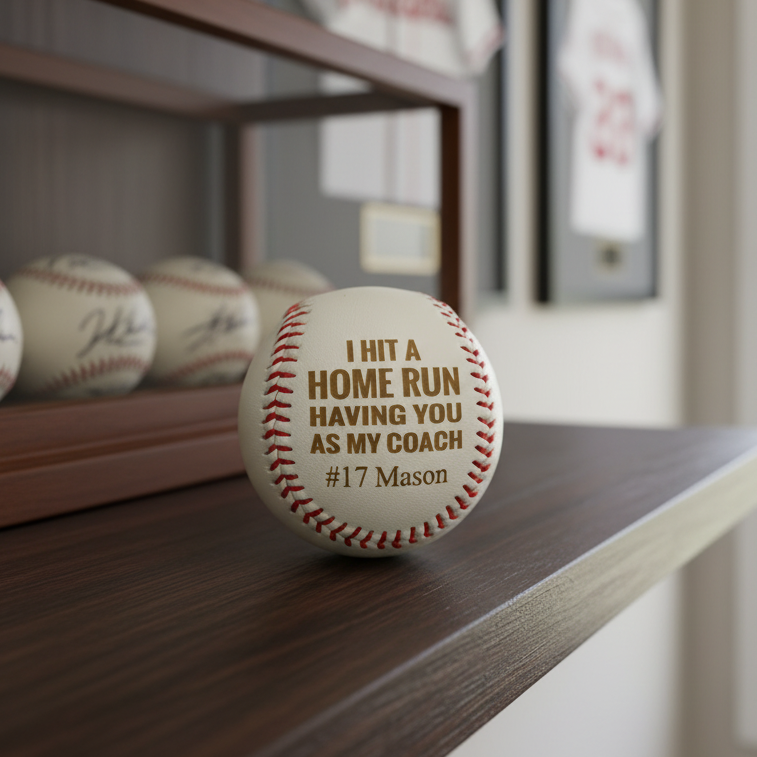 Engraved baseball coach gift on a shelf with sports decor, personalized with a thank-you message for the baseball coach.