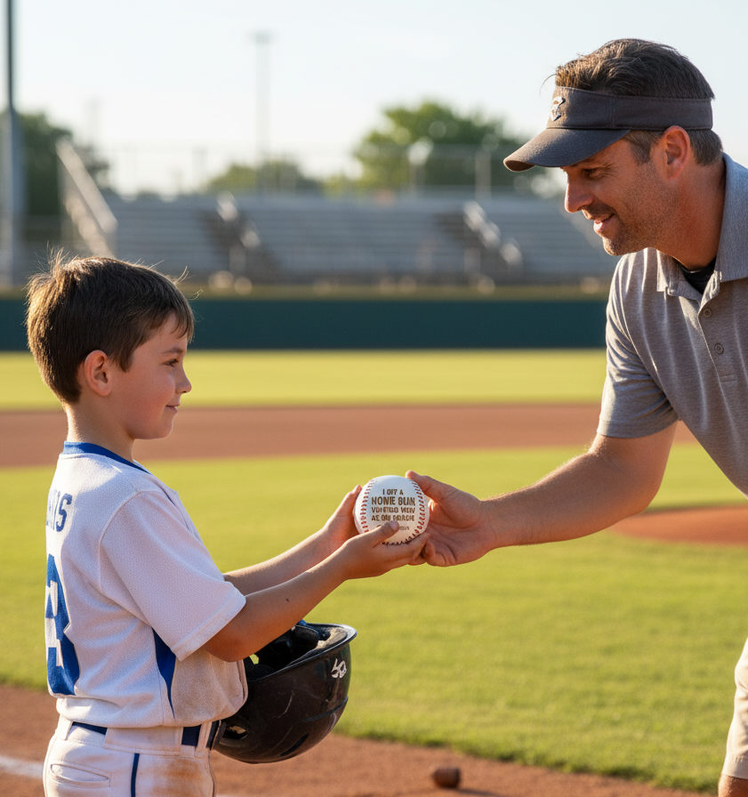 Adult and child on a baseball field holding a personalized coach baseball engraved with a thank-you message and player number.