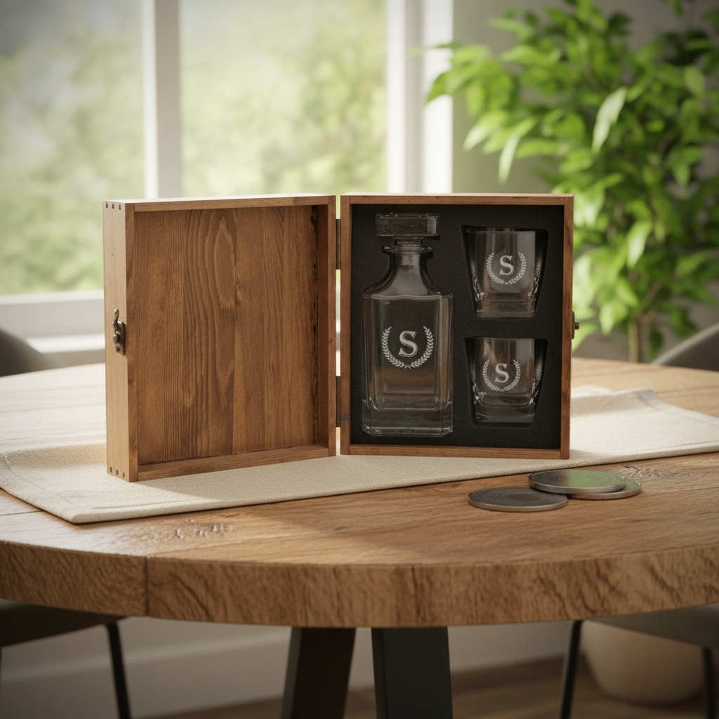 Whiskey decanter and glasses set in a wooden box on a wooden table with a blurred greenery background.