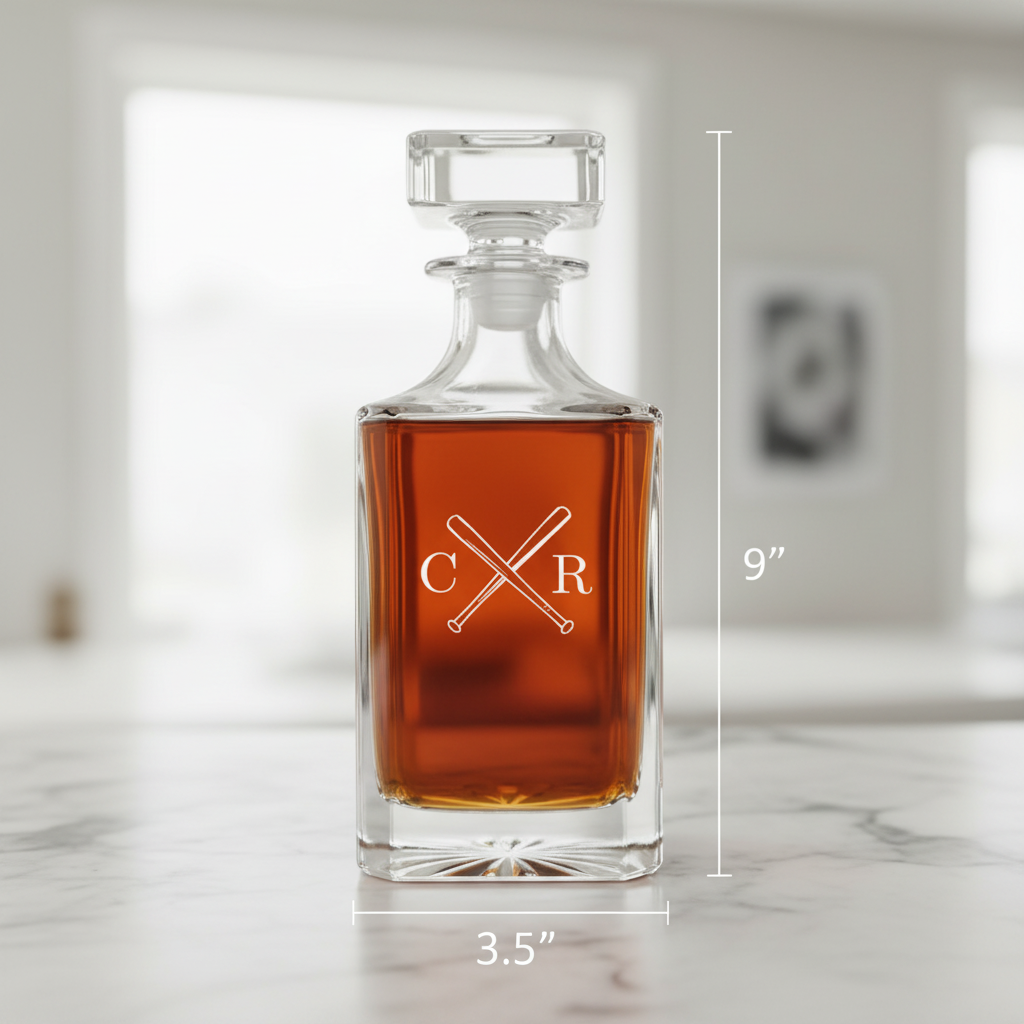 Whiskey decanter with crossed baseball bat design and sample initials "C" and "R" engraved on front, shown with dimensions 9" height and 3.5" width