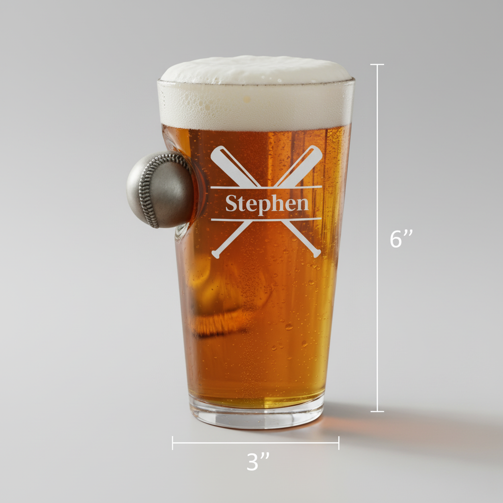 Personalized pint glass filled with beer, engraved with sample name "Stephen" and crossed baseball bats design, with attached baseball-shaped handle, 6 inches tall