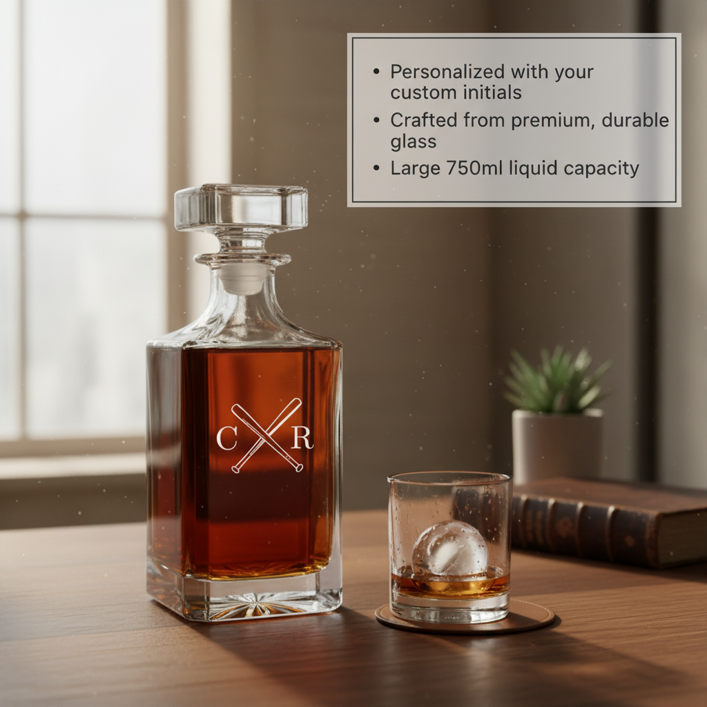 Whiskey decanter with sample initials "C" and "R" flanking crossed baseball bats, filled with amber liquid and displayed alongside matching glass with ice