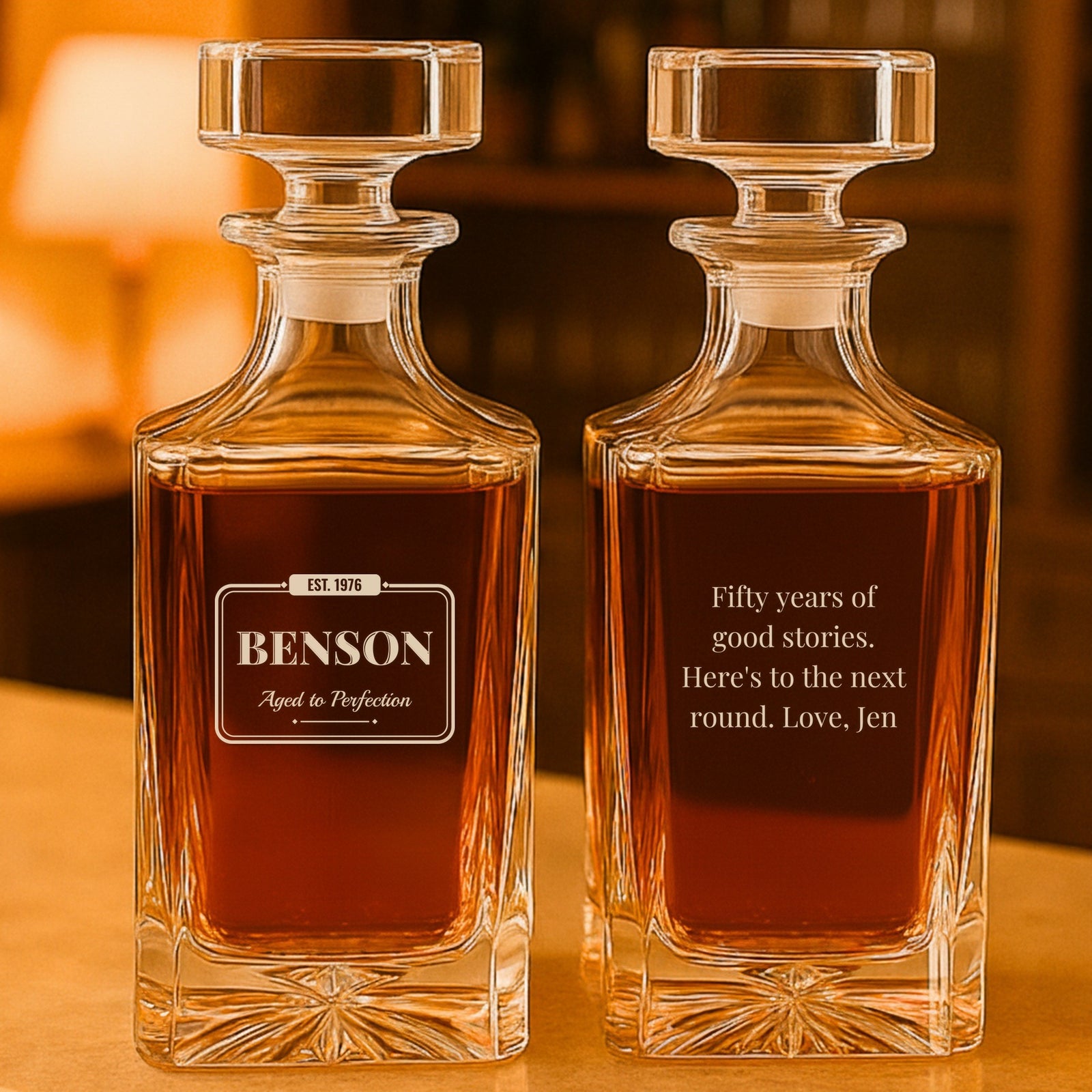 Personalized birthday whiskey decanter engraved EST. 1976, Benson and Aged to Perfection on the front, with a custom birthday message on the back