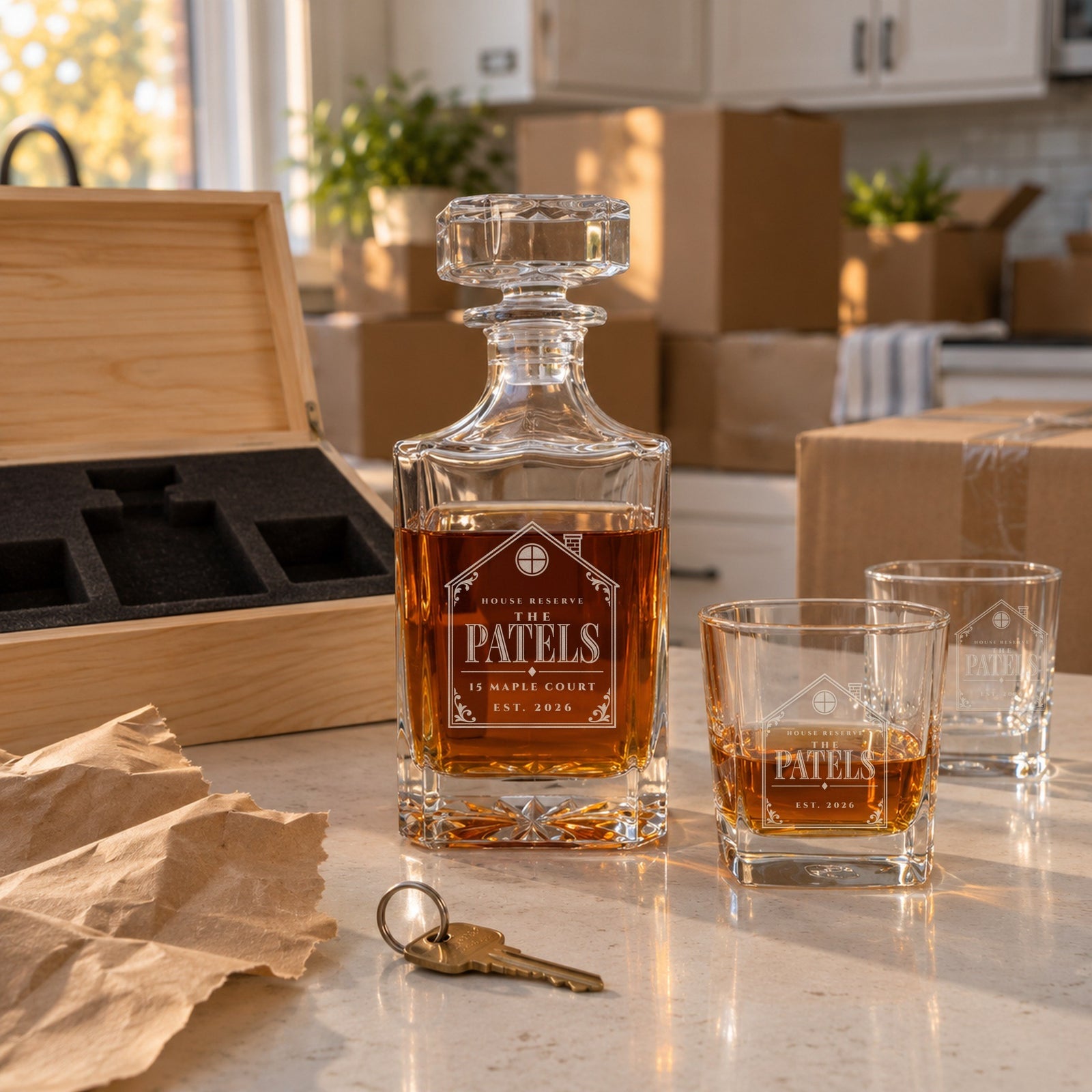Realtor closing gift on moving day: The Patels engraved decanter and glasses on a kitchen island with house keys, moving boxes and the open pine chest