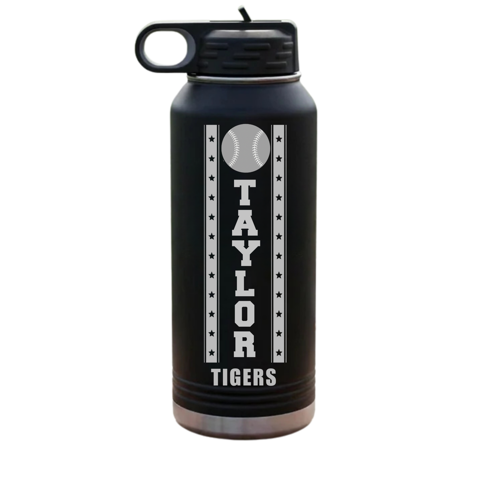 Black senior night baseball water bottle engraved with sample name TAYLOR and team name TIGERS, 32oz insulated stainless steel keepsake