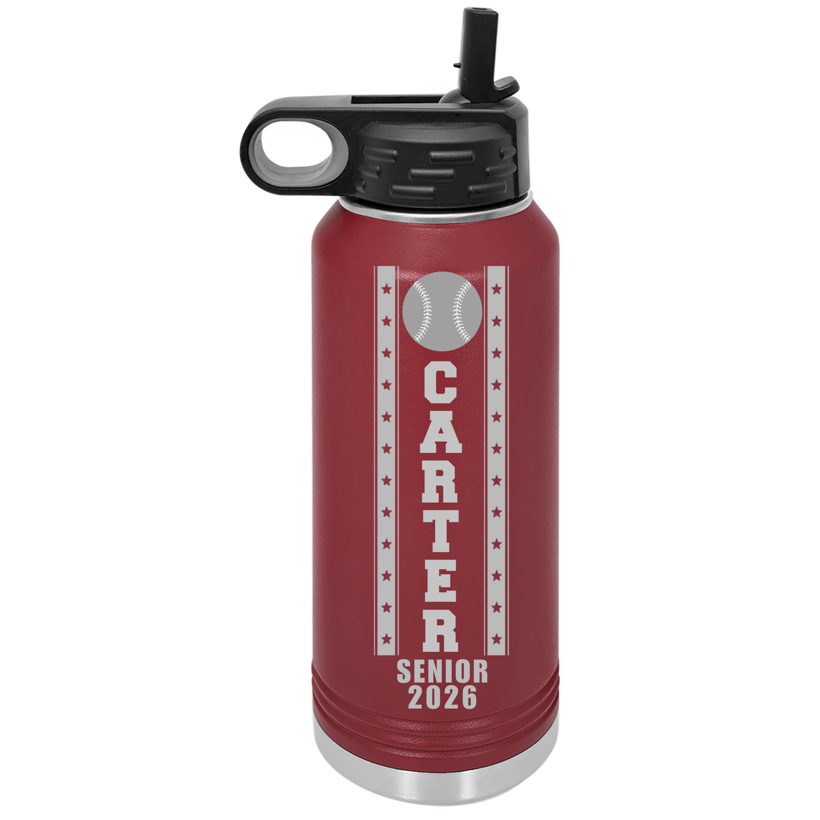 Maroon personalized senior night baseball gift water bottle, engraved with sample name CARTER and SENIOR 2026 in a star-banner design