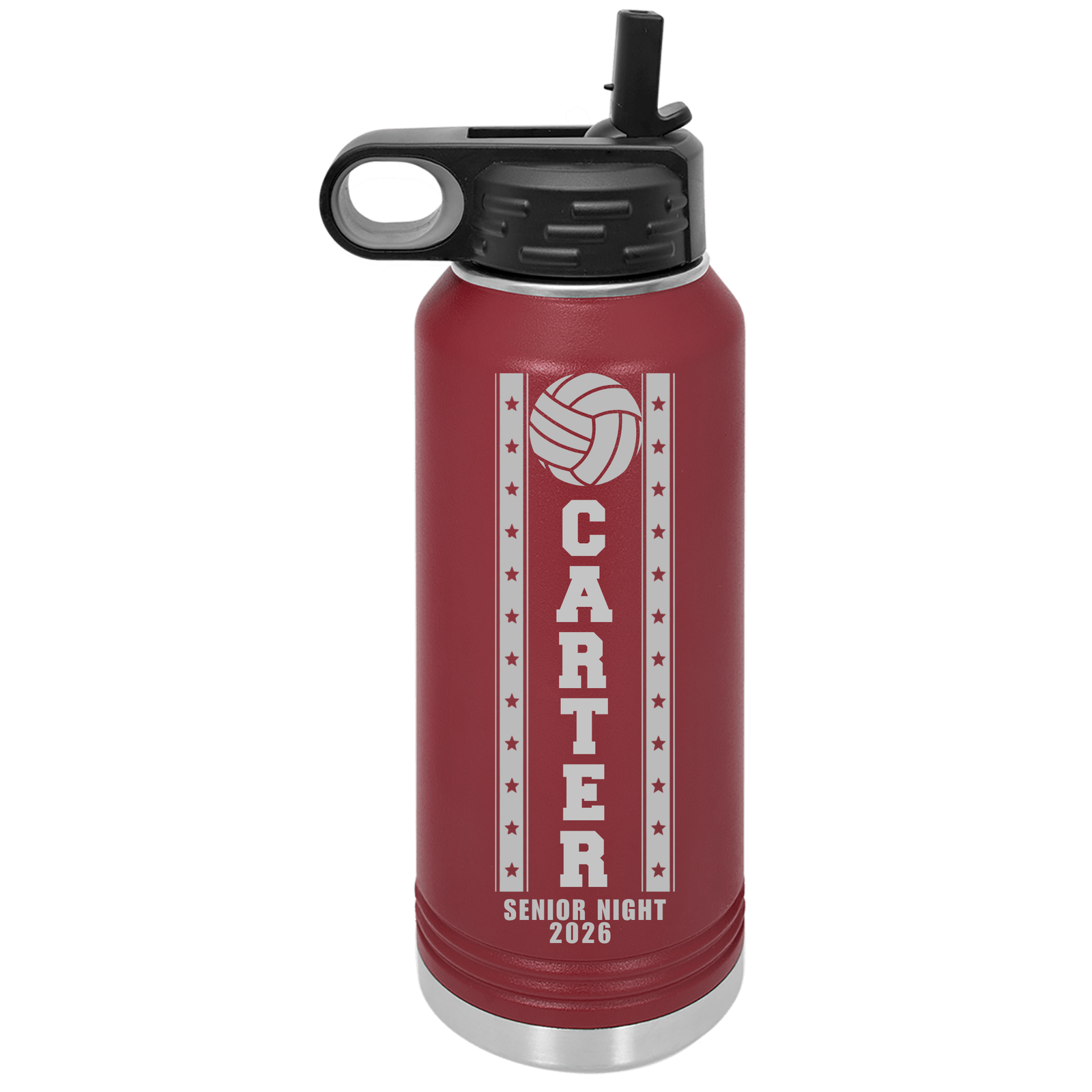 Maroon senior night volleyball water bottle engraved with a volleyball, the name Carter, and Senior Night 2026 at the bottom, 32oz insulated stainless steel.