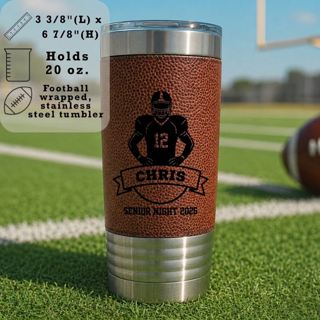 Gridiron Senior Night Personalized Football Tumbler engraved with jersey number and name