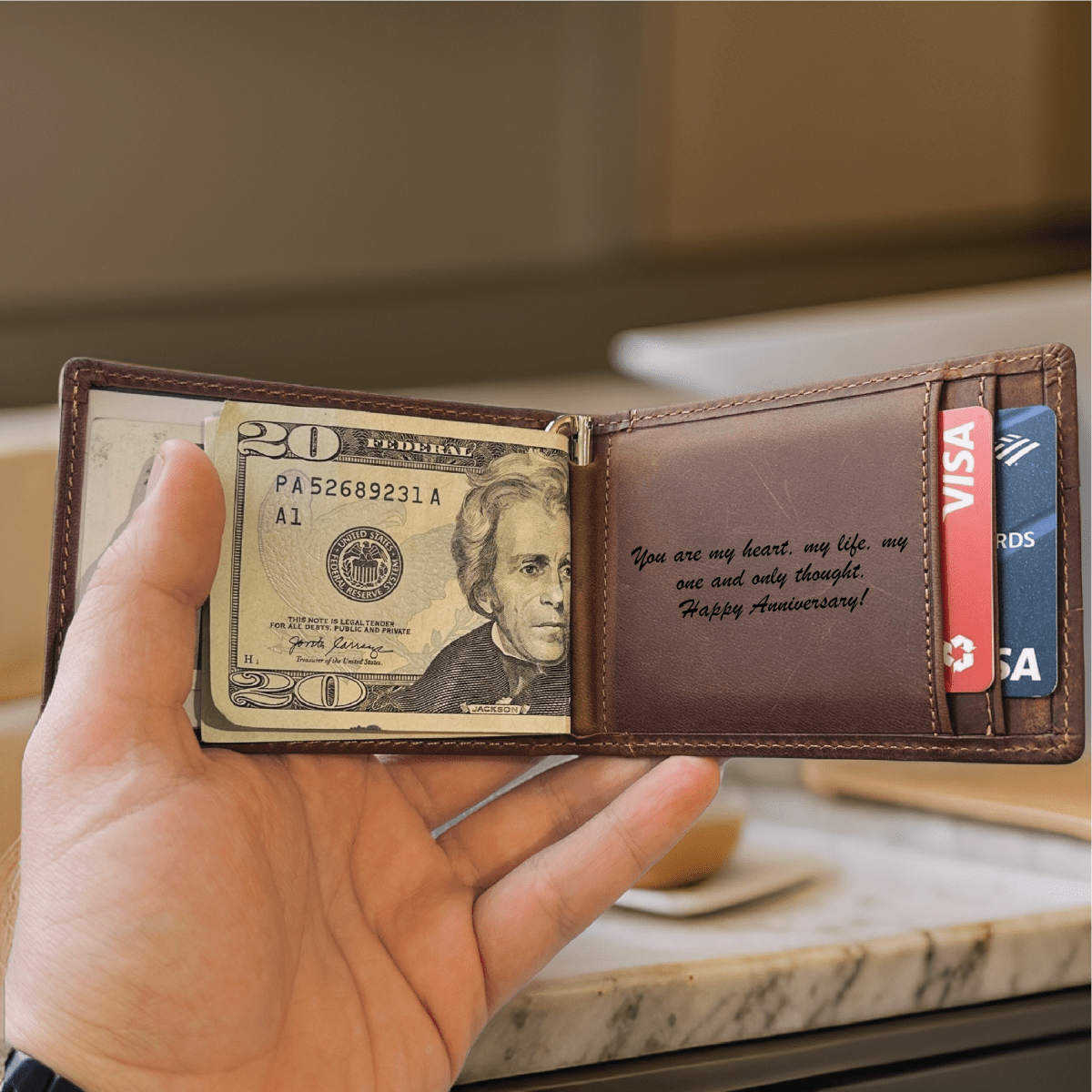 Personalized leather wallet for men crafted from genuine leather, featuring custom engraving for initials and a heartfelt inside message – ideal for Valentine’s Day, anniversaries, birthdays, or Father’s Day.
