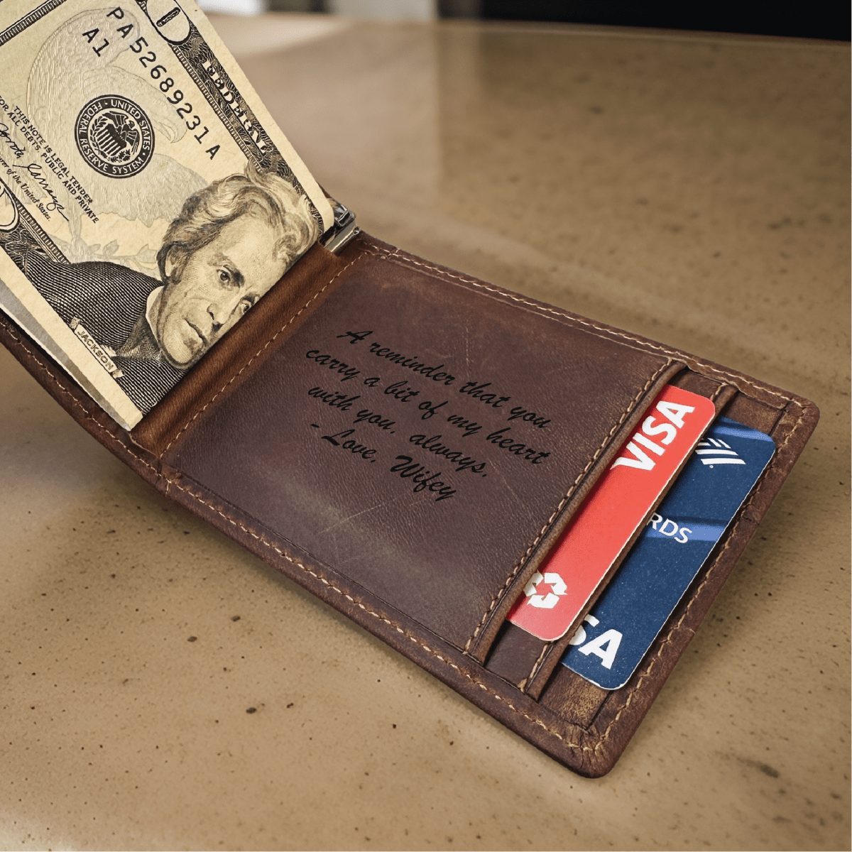 Personalized leather wallet for men crafted from genuine leather, featuring custom engraving for initials and a heartfelt inside message – ideal for Valentine’s Day, anniversaries, birthdays, or Father’s Day.