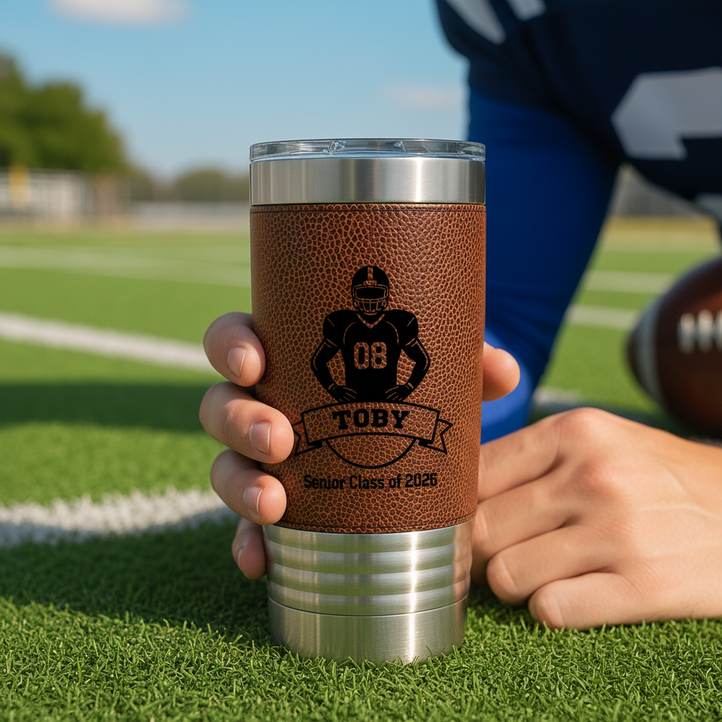 Gridiron Senior Night Personalized Football Tumbler engraved with jersey number and name