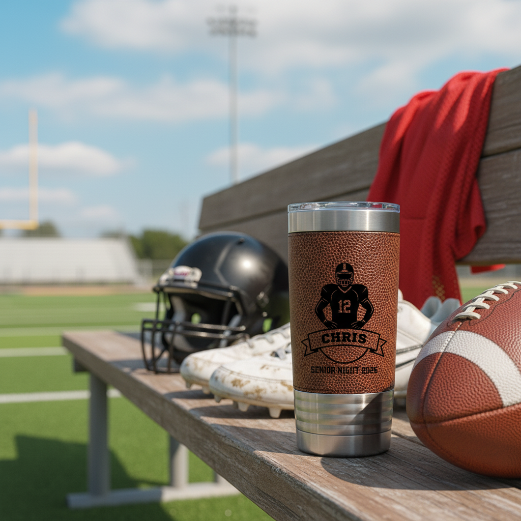 Tumbler with football design on a bench with sports equipment in the background