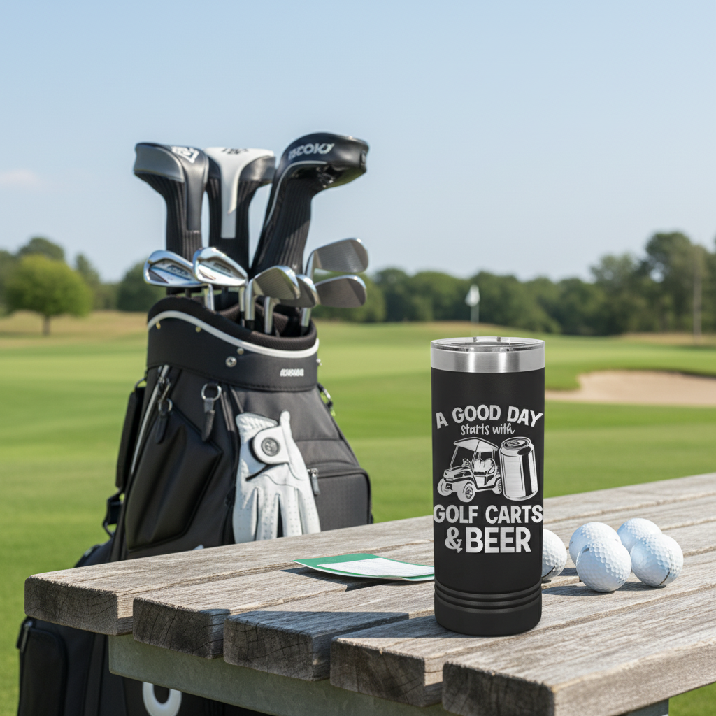 Black insulated tumbler with "A Good Day Starts with Golf Carts & Beer" engraved text, displayed on wooden table beside golf bag, balls, and scorecard at golf course.