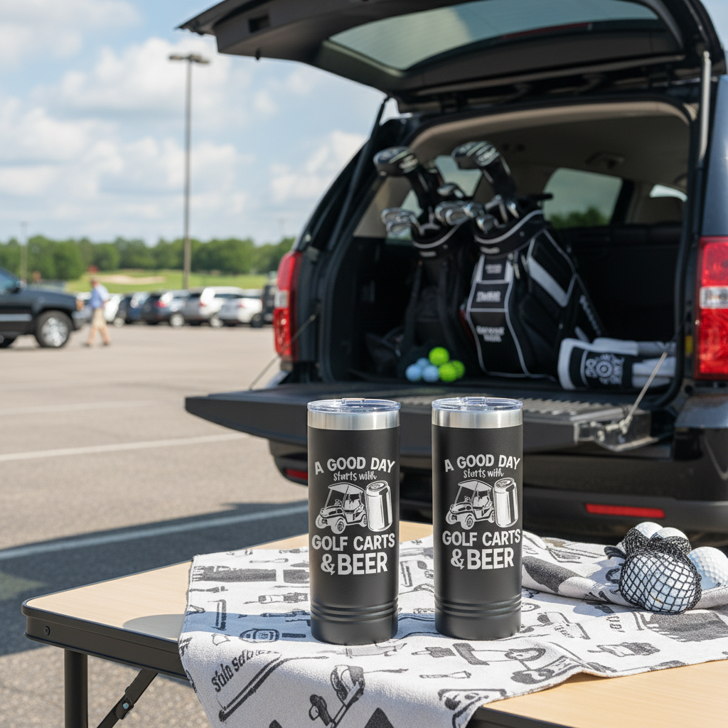 Two black insulated tumblers engraved with "A Good Day Starts with Golf Carts & Beer" design displayed on a tailgate table at a golf course parking lot.