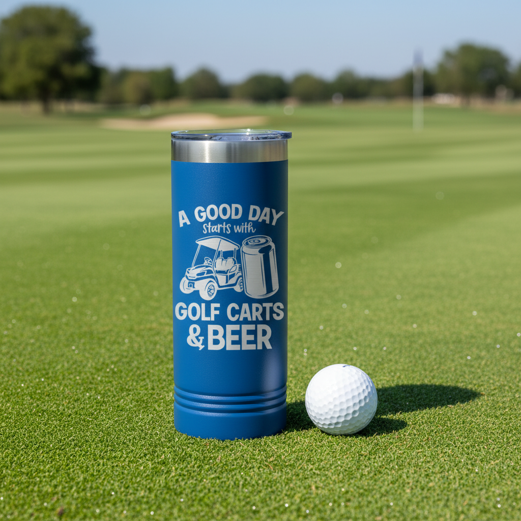 Blue insulated tumbler with "A Good Day Starts with Golf Carts & Beer" engraved text and graphics, displayed on golf course with ball nearby.