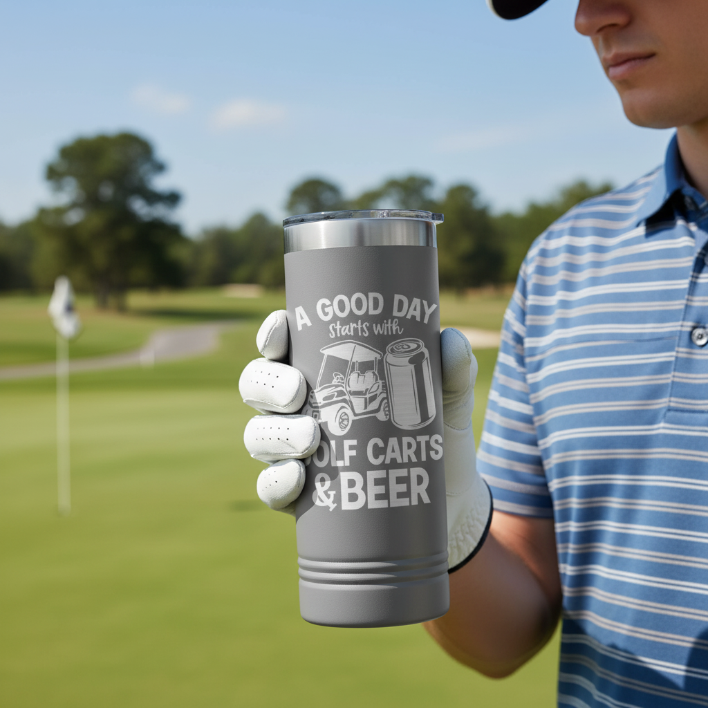 Man holding gray insulated tumbler engraved with "A Good Day Starts with Golf Carts & Beer" on golf course fairway