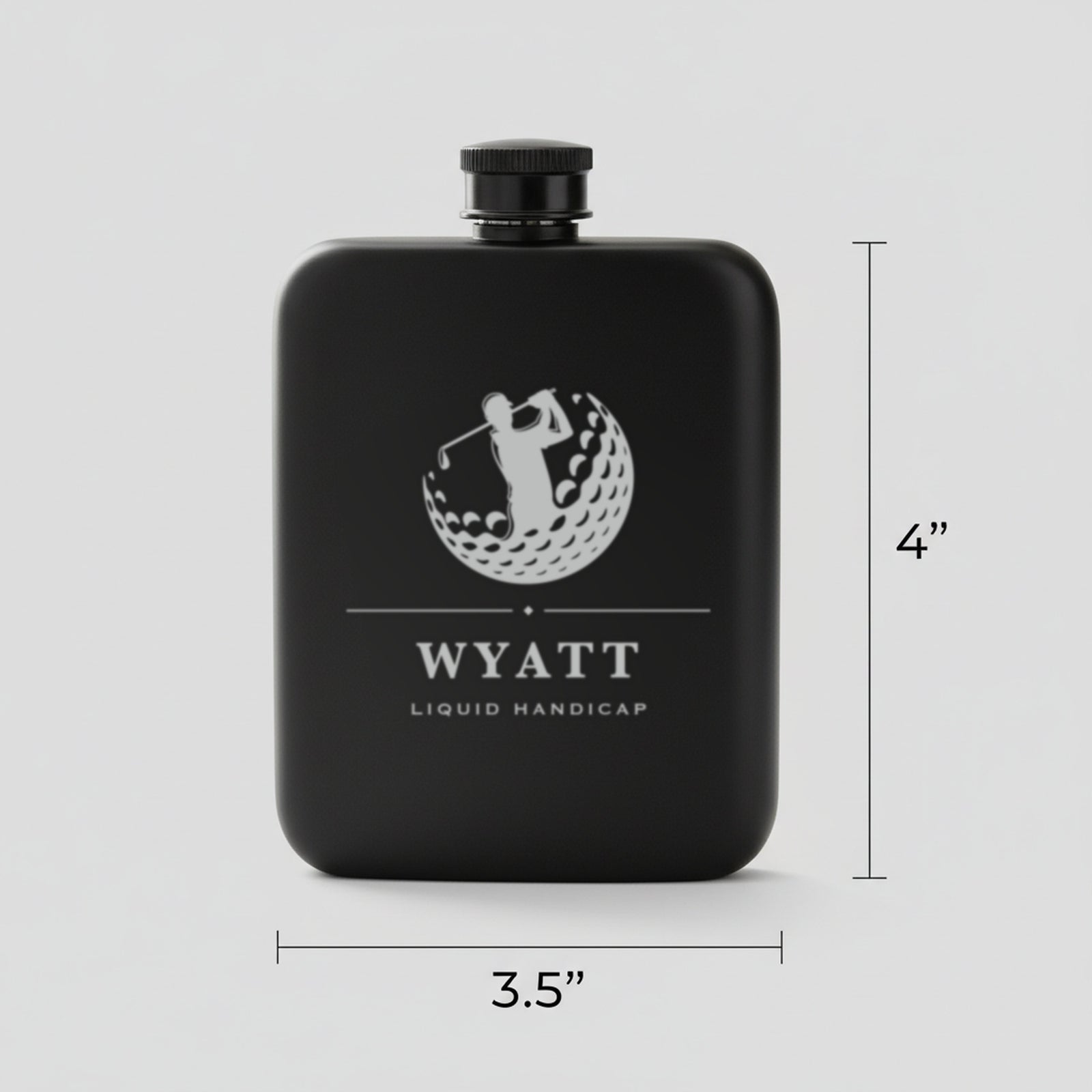 Size guide for the personalized golf flask reading Liquid Handicap, 3.5 inches wide by 4 inches tall, holding 6 ounces.