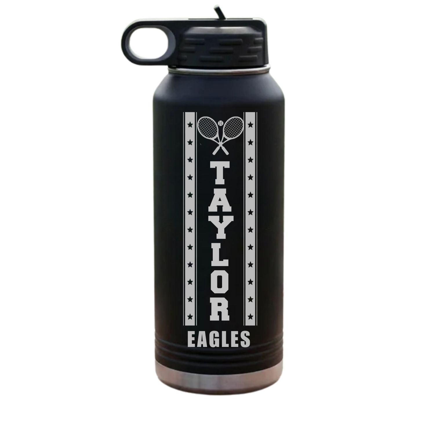 Black 32oz senior night tennis water bottle engraved with sample name TAYLOR and team name EAGLES, insulated stainless steel keepsake