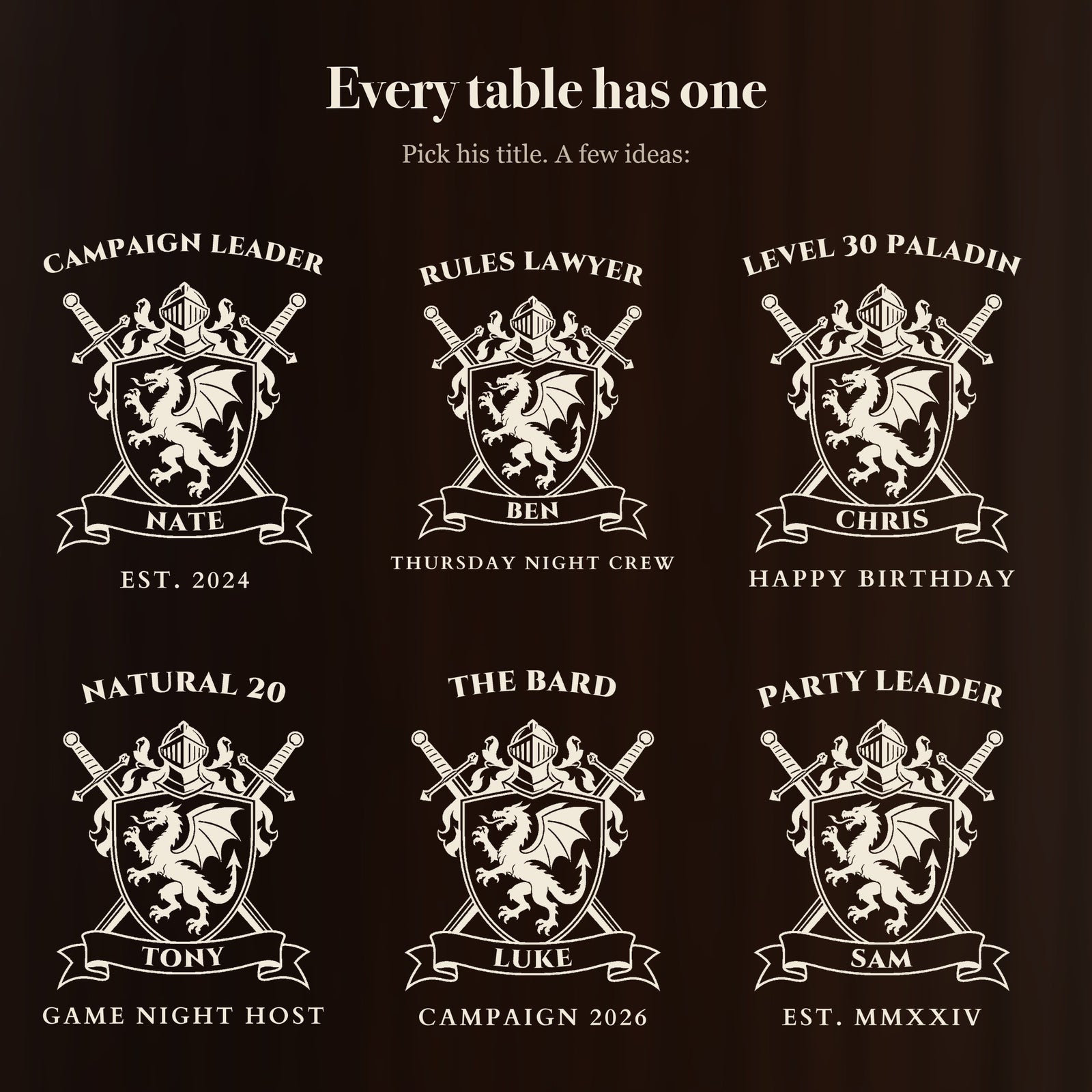 Six ways to engrave the tabletop gamer beer mug: CAMPAIGN LEADER, RULES LAWYER, LEVEL 30 PALADIN, NATURAL 20, THE BARD and PARTY LEADER