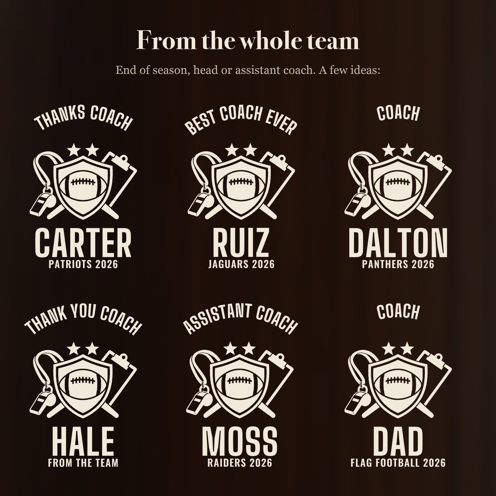 Six ways to engrave the thanks coach football beer stein: Thanks Coach Carter, Best Coach Ever Ruiz, Coach Dalton, Thank You Coach Hale and more