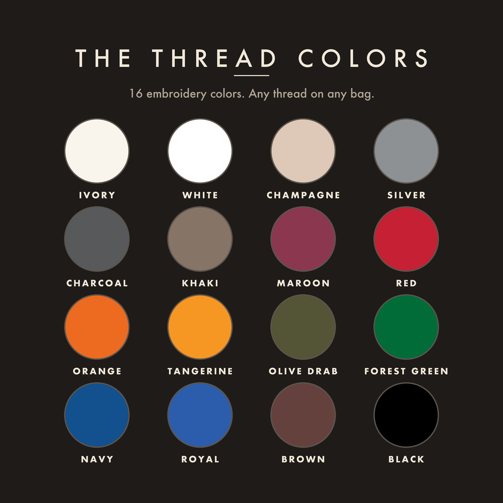 Thread color chart for the embroidered duffle bag showing all 16 thread colors as flat swatches, from ivory, white and champagne to navy, royal, brown and black