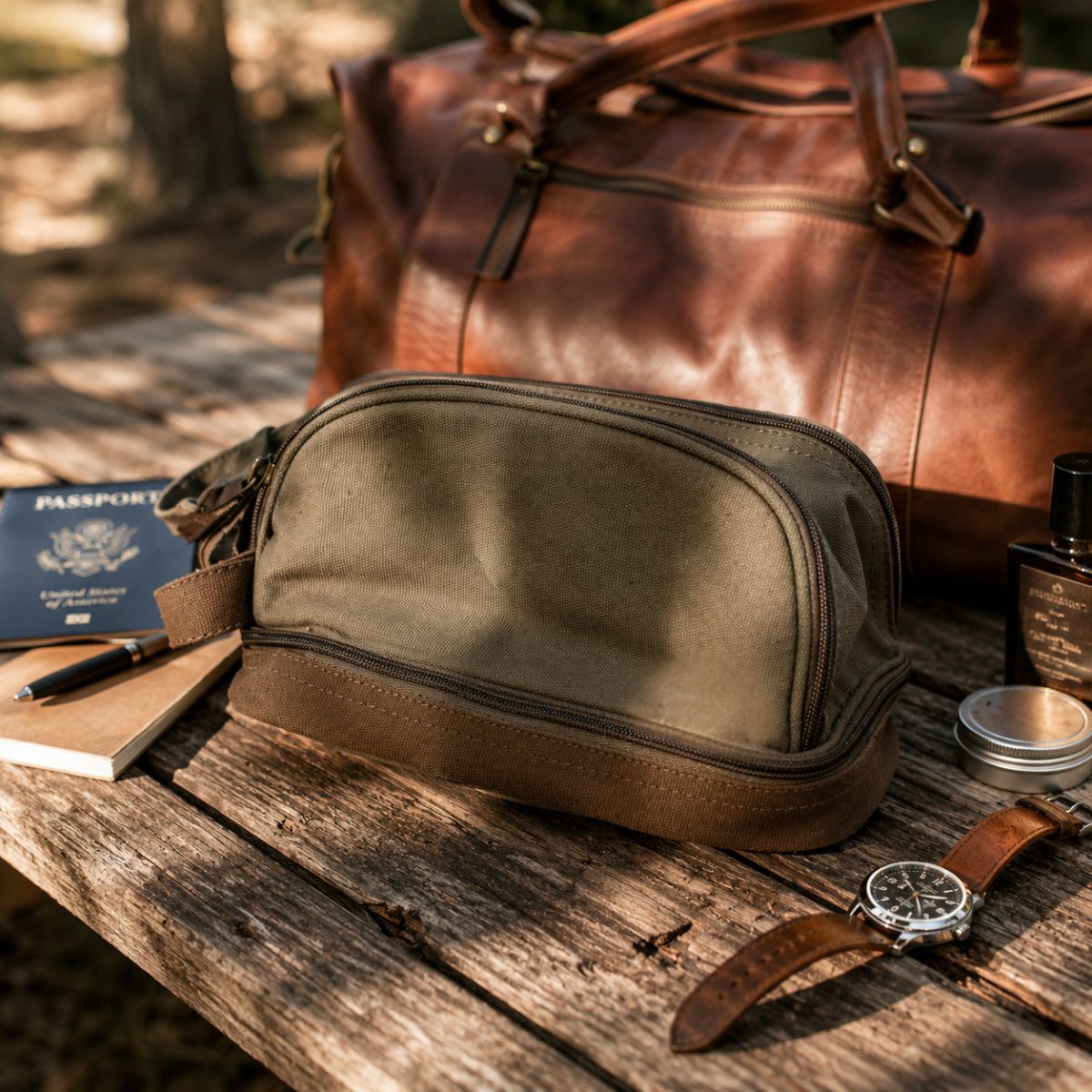 Brown leather duffel bag with toiletry bag on a wooden surface