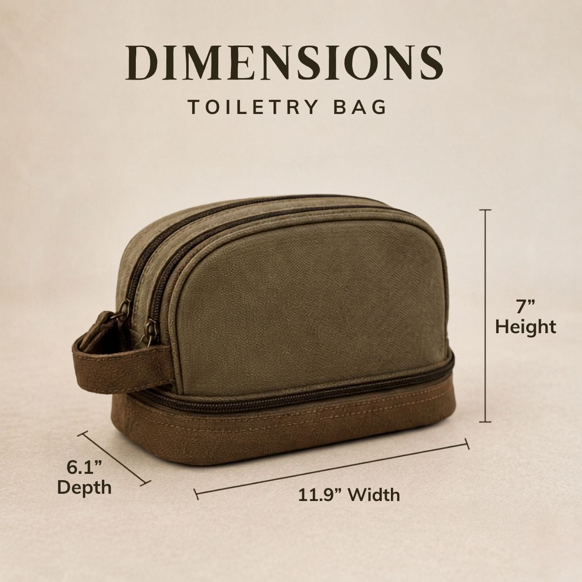 Brown toiletry bag with dimensions labeled on a beige background
