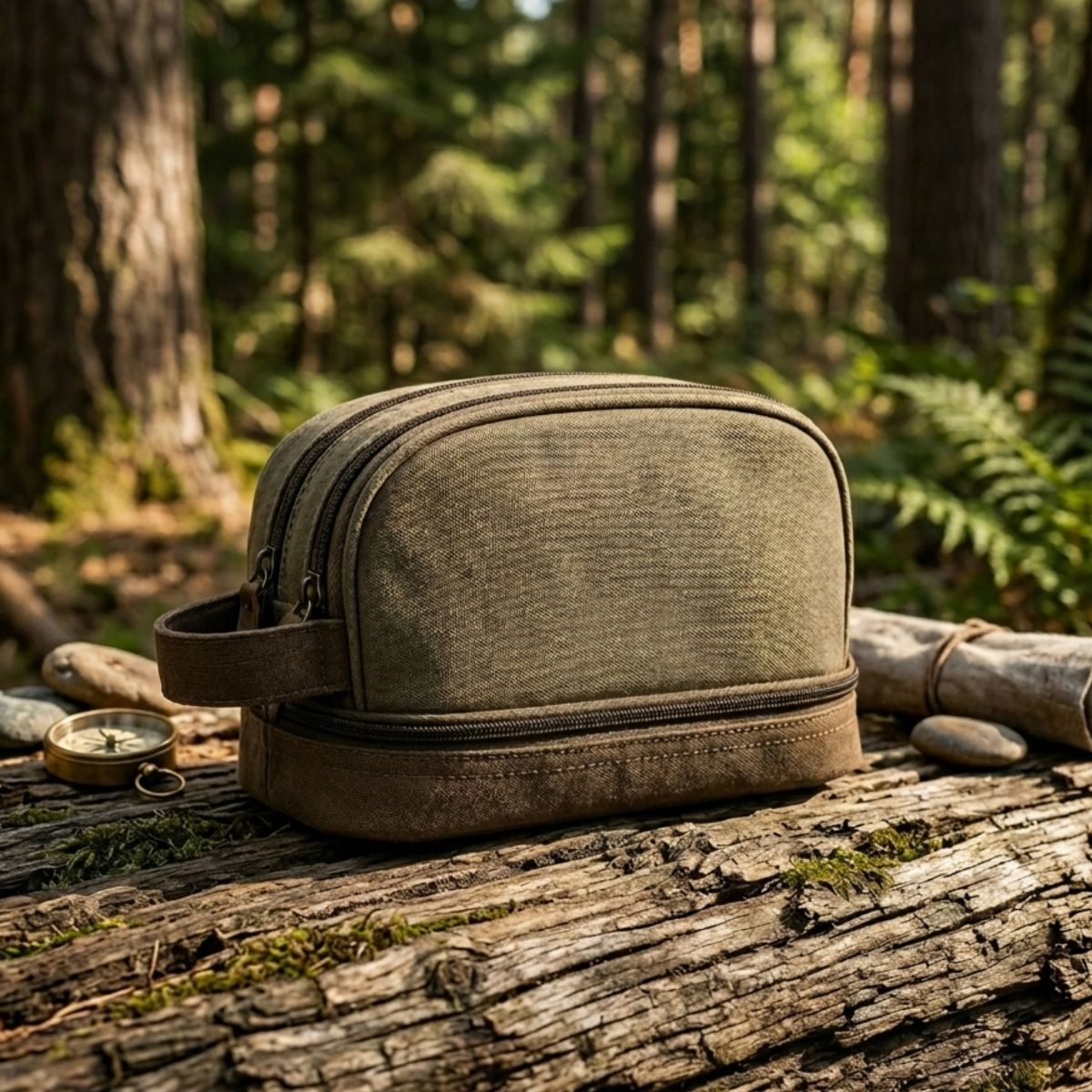 Green toiletry bag on a log in a forest setting