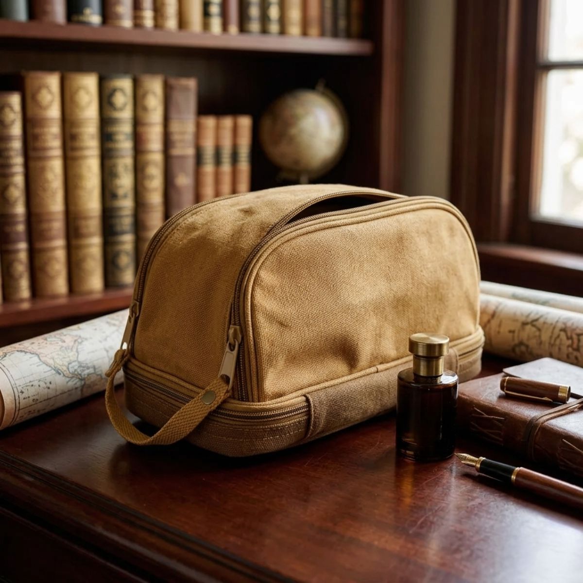 Brown canvas toiletry bag on a wooden surface with books and a globe in the background