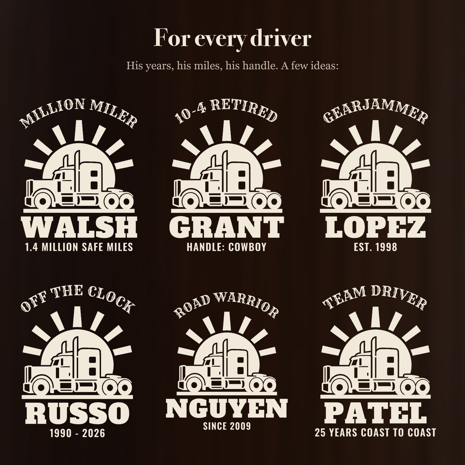 Six ways to engrave the truck driver beer stein: MILLION MILER, 10-4 RETIRED, GEARJAMMER, OFF THE CLOCK, ROAD WARRIOR and TEAM DRIVER