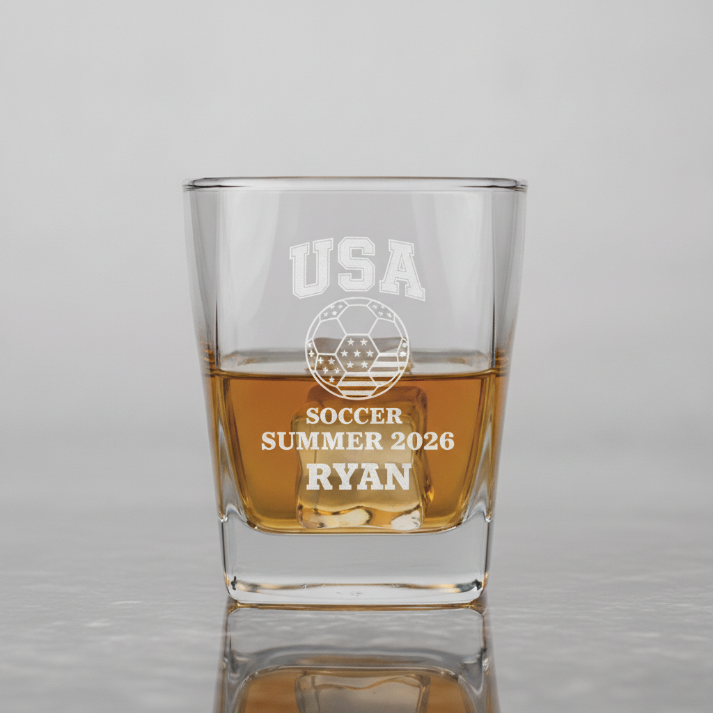 Clear rocks glass engraved with USA, a stars and stripes soccer ball, Soccer Summer 2026, and a sample name, holding whiskey over ice in bright studio light.