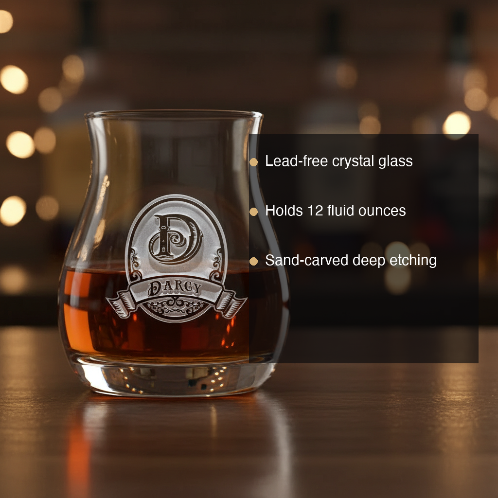 Signature Pour personalized Canadian-style whiskey glass with sand-carved oval medallion and engraved name banner features: lead-free crystal, 12 oz, sand-carved deep etching
