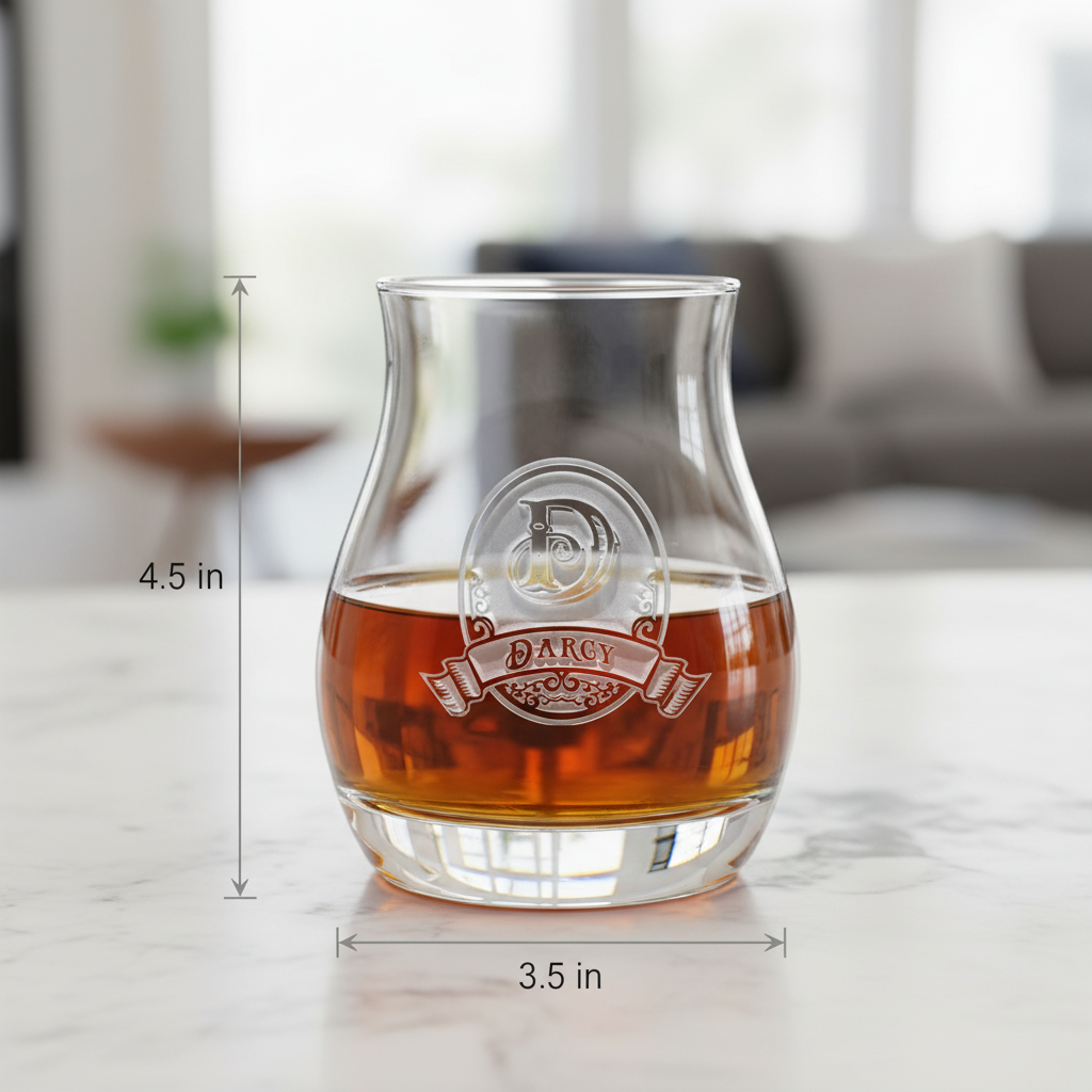 Signature Pour personalized Canadian-style whiskey glass with sand-carved oval medallion and engraved name banner dimensions: 4.5 inches tall by 3.5 inches wide