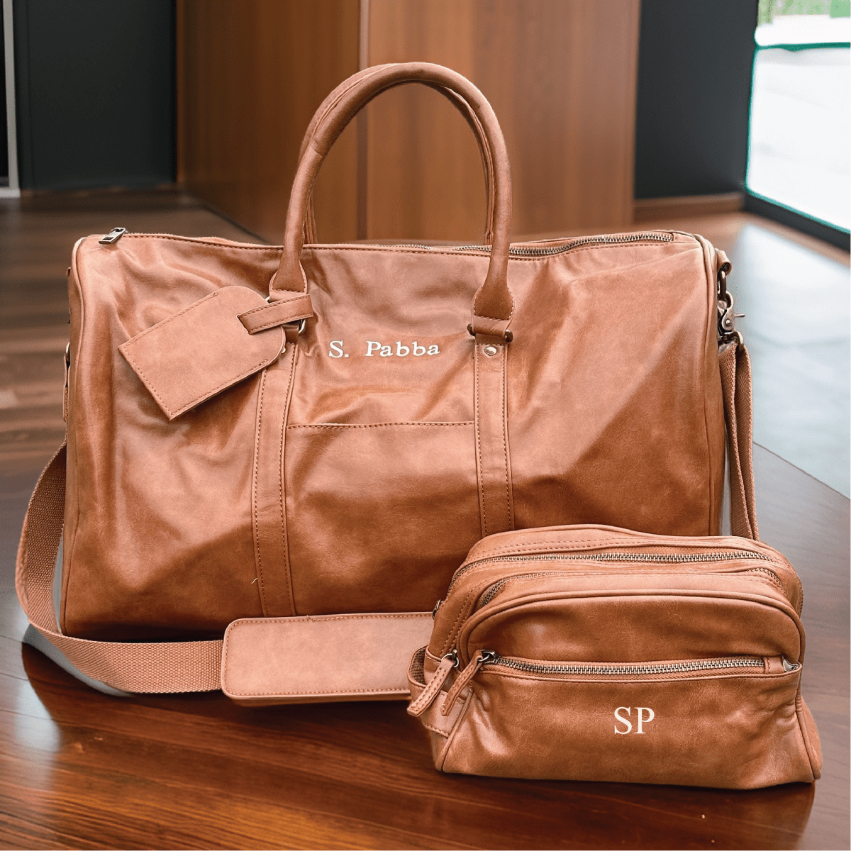 Gift Set for Men Personalized Vegan Leather Duffle and Toiletry Bag