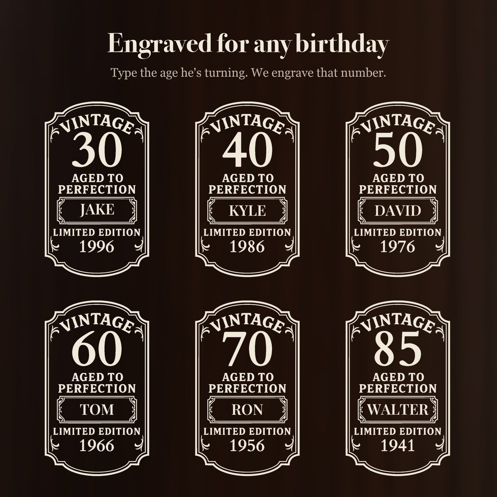 Six Vintage birthday labels for the personalized beer stein, engraved for a 30th, 40th, 50th, 60th, 70th and 85th birthday with six names