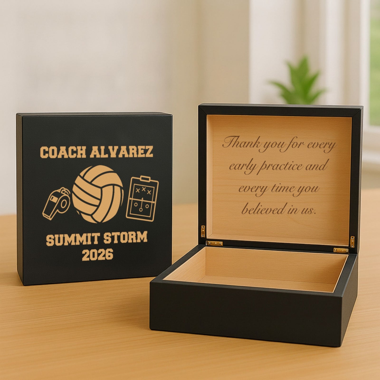 Black volleyball coach keepsake box engraved Coach Alvarez and Summit Storm 2026, with a thank-you message engraved inside the open lid