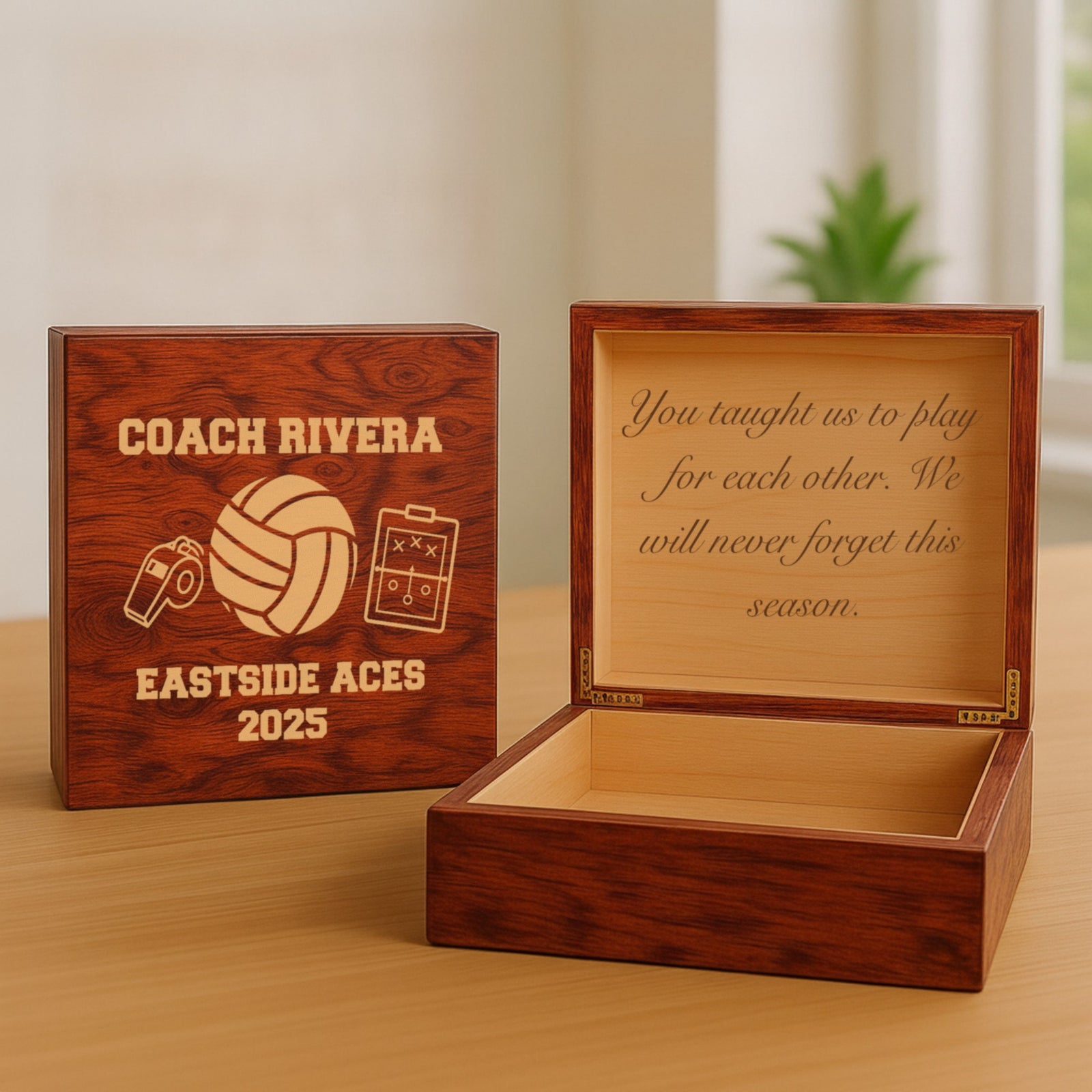 Burl wood volleyball coach keepsake box engraved Coach Rivera and Eastside Aces 2025, the open lid engraved with an end of season thank-you