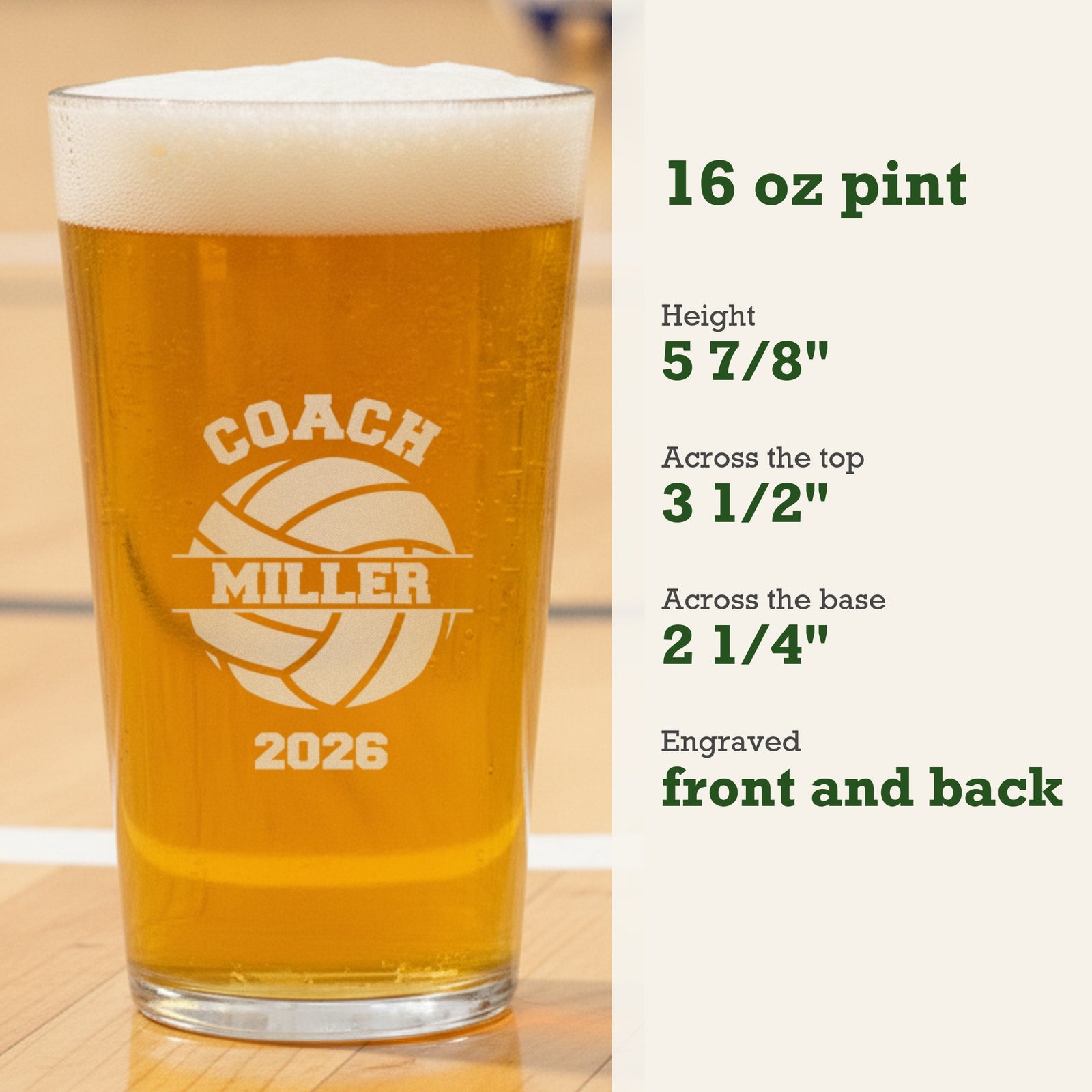 Size guide for the volleyball coach pint glass, a 16 oz pint 5 7/8 inches tall, 3 1/2 inches across the top and 2 1/4 inches at the base