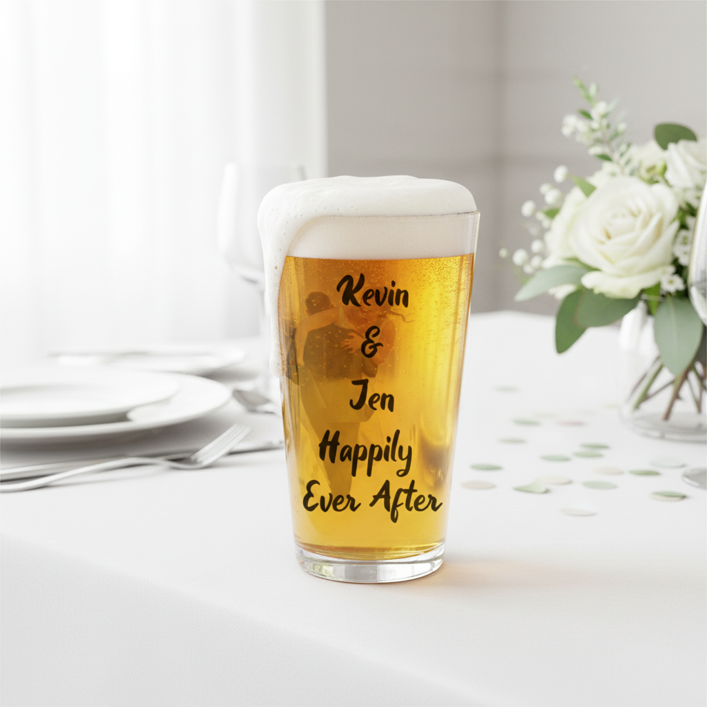 Pint glass filled with beer, engraved with sample names "Kevin & Jen" and "Happily Ever After" text, displayed on white table with place settings and white roses