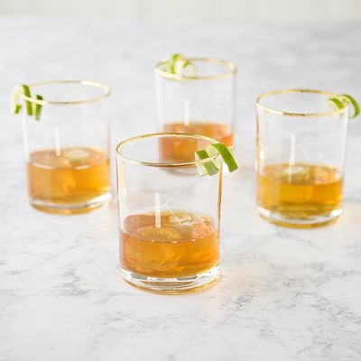 Set of Four Gold Rimmed Monogram Whiskey Glasses with Letter K Personalized