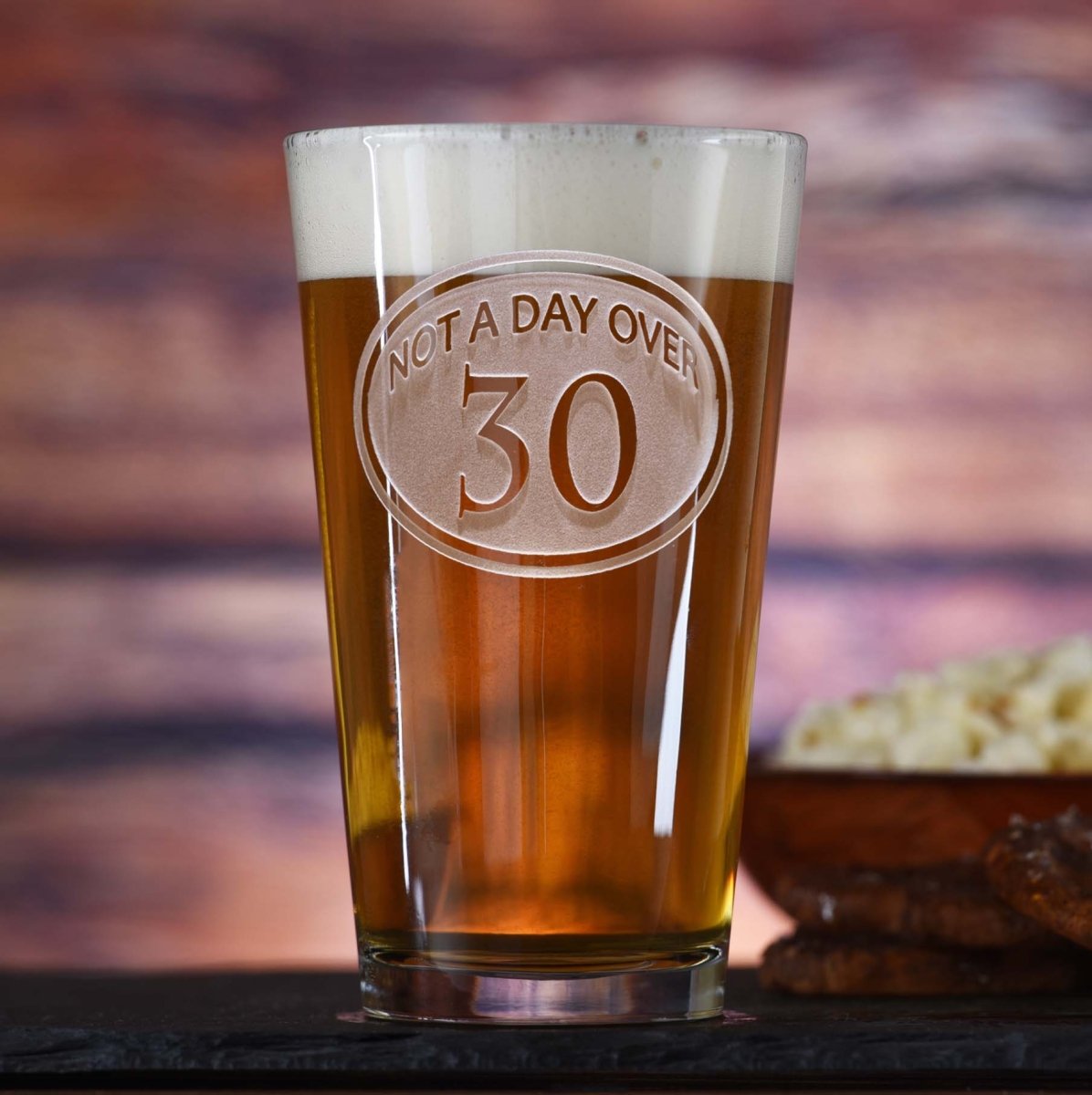 Milestone 30 personalized 30th birthday pint glass with sand-carved milestone design
