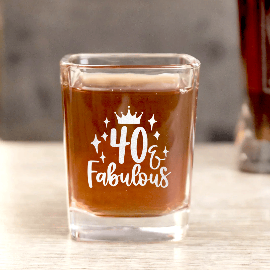 Unique Personalized 40 And Fabulous Crown Square Shotglass Customized Birthday Flasks Gifts for Men by Groovy Guy