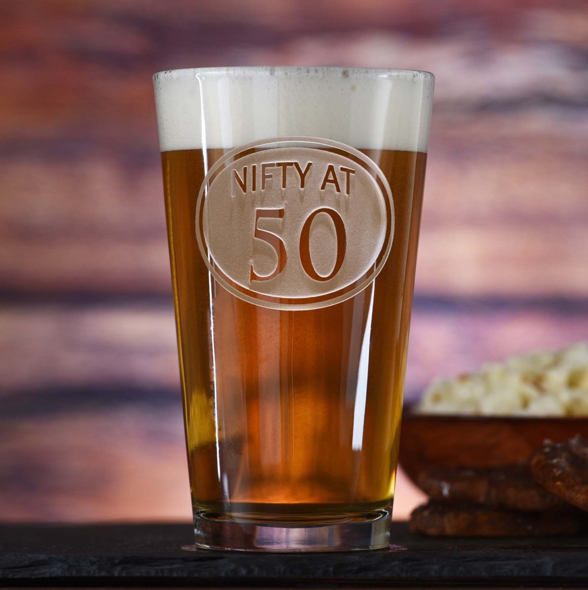 Half Century personalized 50th birthday pint glass with sand-carved milestone design