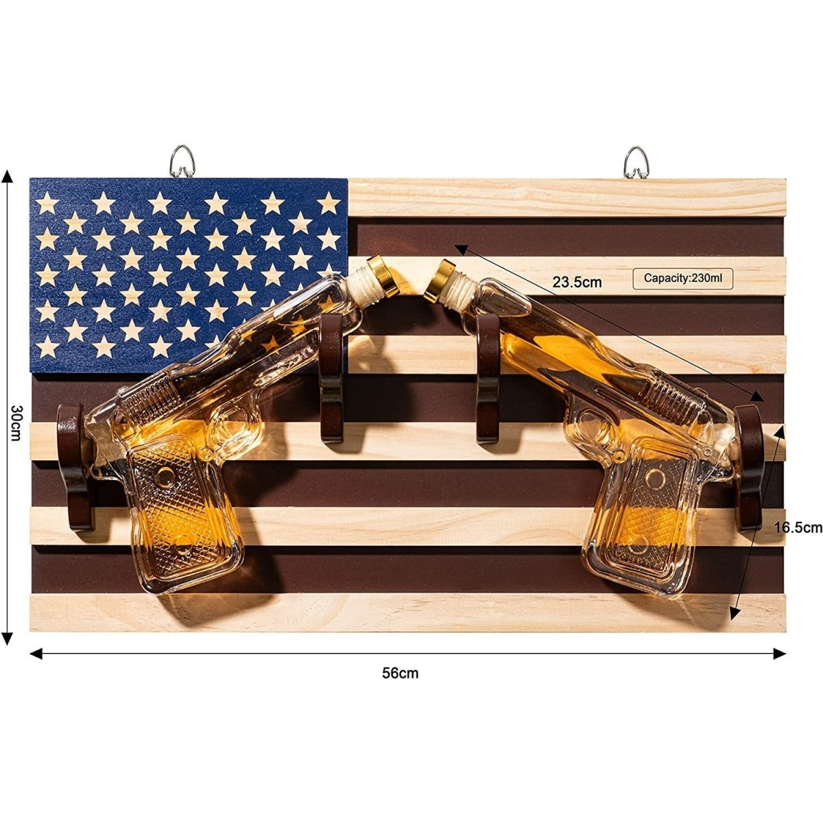 Unique Personalized Pistol Whiskey Decanter On American Flag Wall Rack Customized Gifts for Men by Groovy Guy