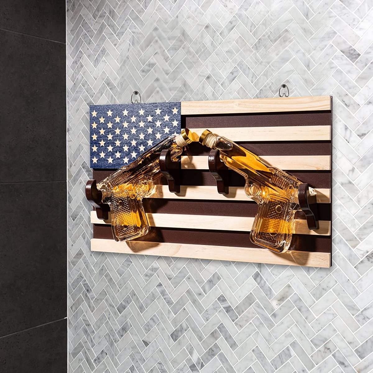 Unique Personalized Pistol Whiskey Decanter On American Flag Wall Rack Customized Gifts for Men by Groovy Guy