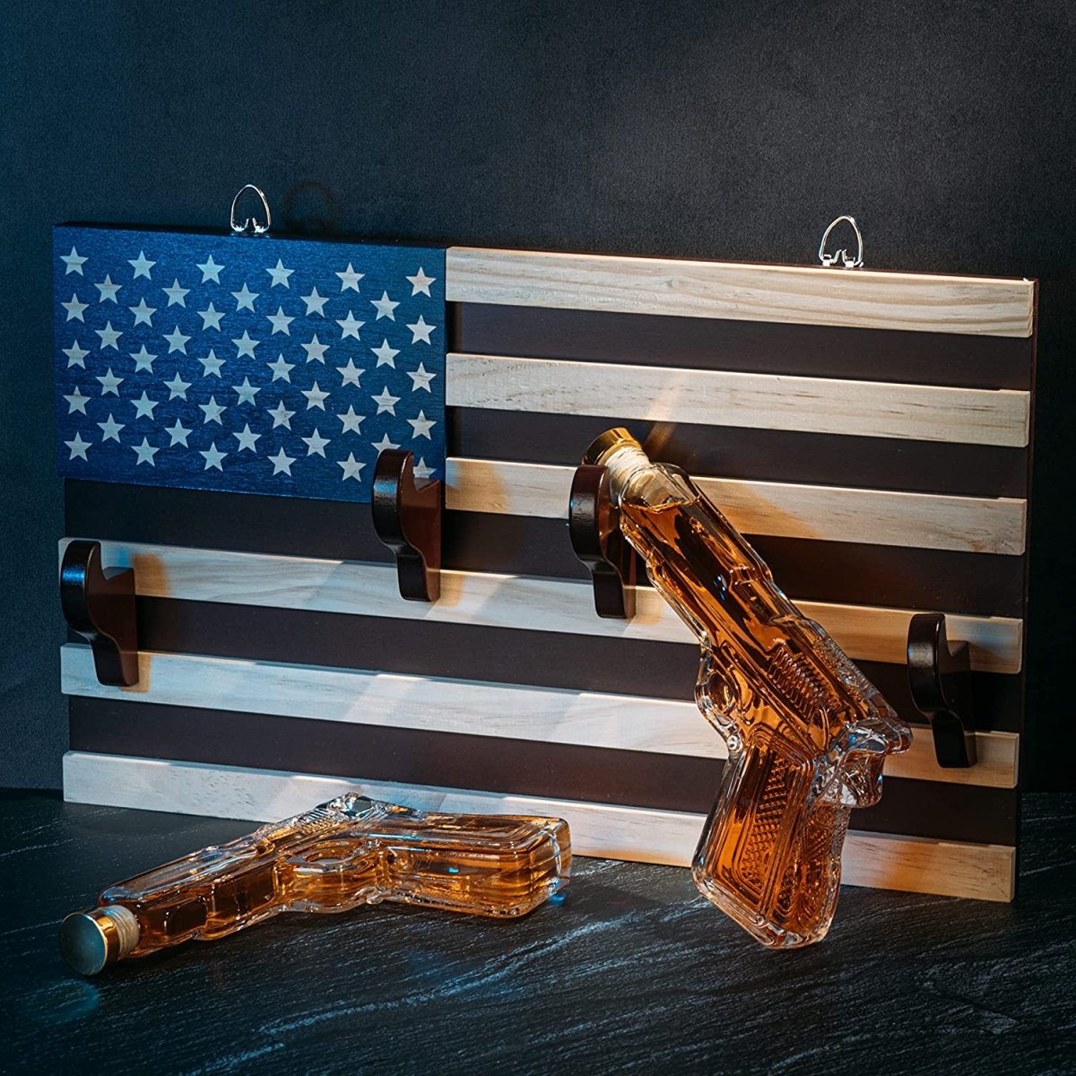 Unique Personalized Pistol Whiskey Decanter On American Flag Wall Rack Customized Gifts for Men by Groovy Guy