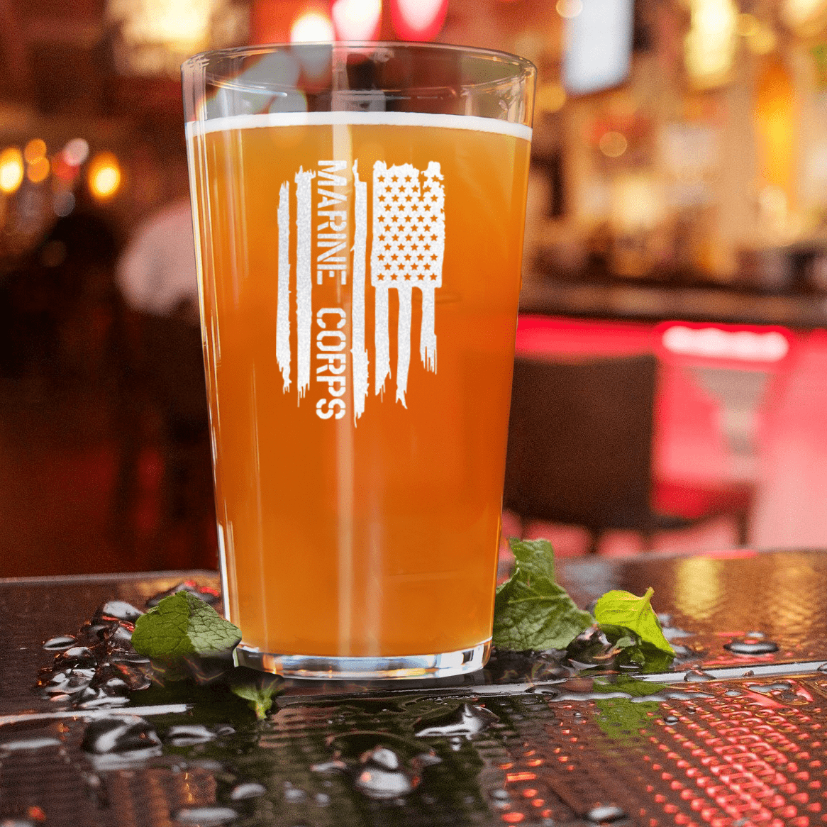 Unique Personalized All American Marine Corps Pint Glass Customized Military Retirement Pint Glasses Gifts for Men by Groovy Guy