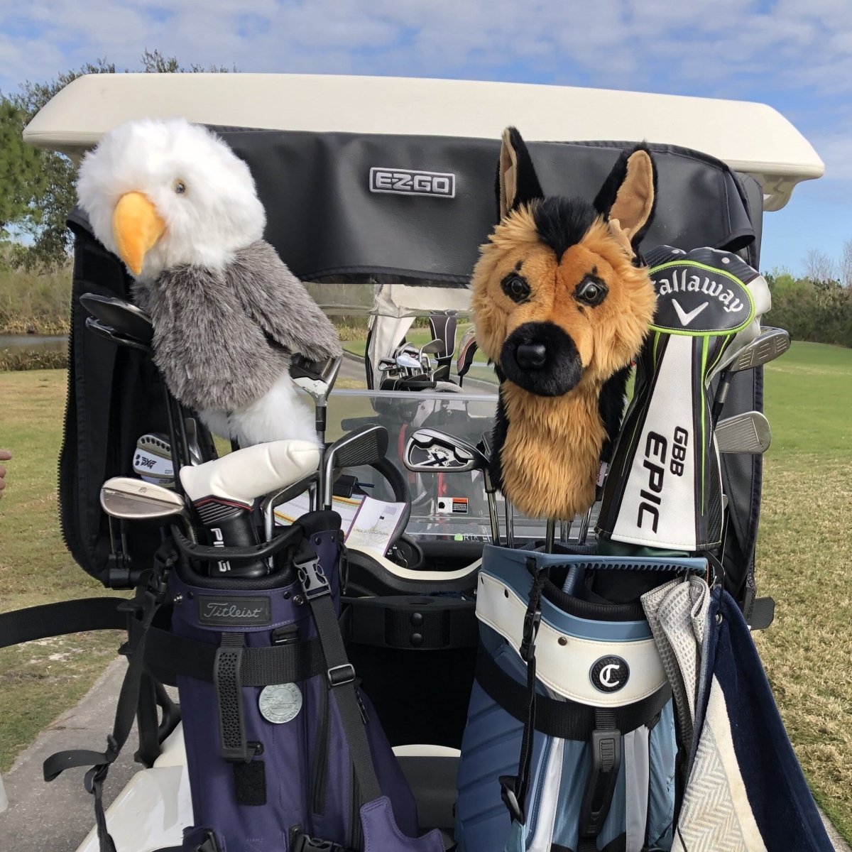 Animal golf headcovers on golf bags – eagle and German shepherd designs