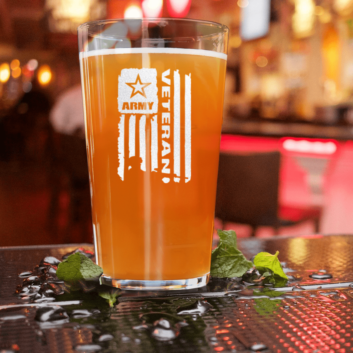 Unique Personalized Army Veteran Flag Pint Glass Customized Military Retirement Pint Glasses Gifts for Men by Groovy Guy
